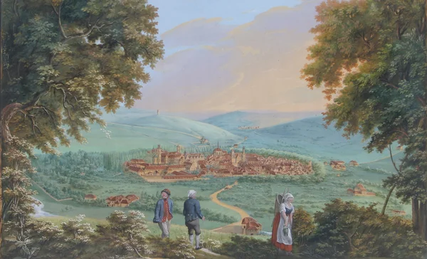 Farbige Ansicht zeigt Mergentheim mit Schloss, Kirchen und Stadtmauer, im Vordergrund den Fluss Tauber
