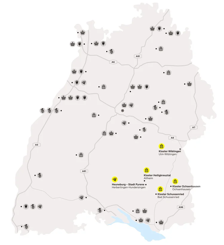 Illustration: Staatliche Schlösser und Gärten Baden-Württemberg, JUNG:Kommunikation GmbH Karte der Region "Klöster und Kelten in Oberschwaben"